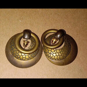 Dark Gold Tone Large Circle Post Earrings.  3 Circle Disk. Post/Drop